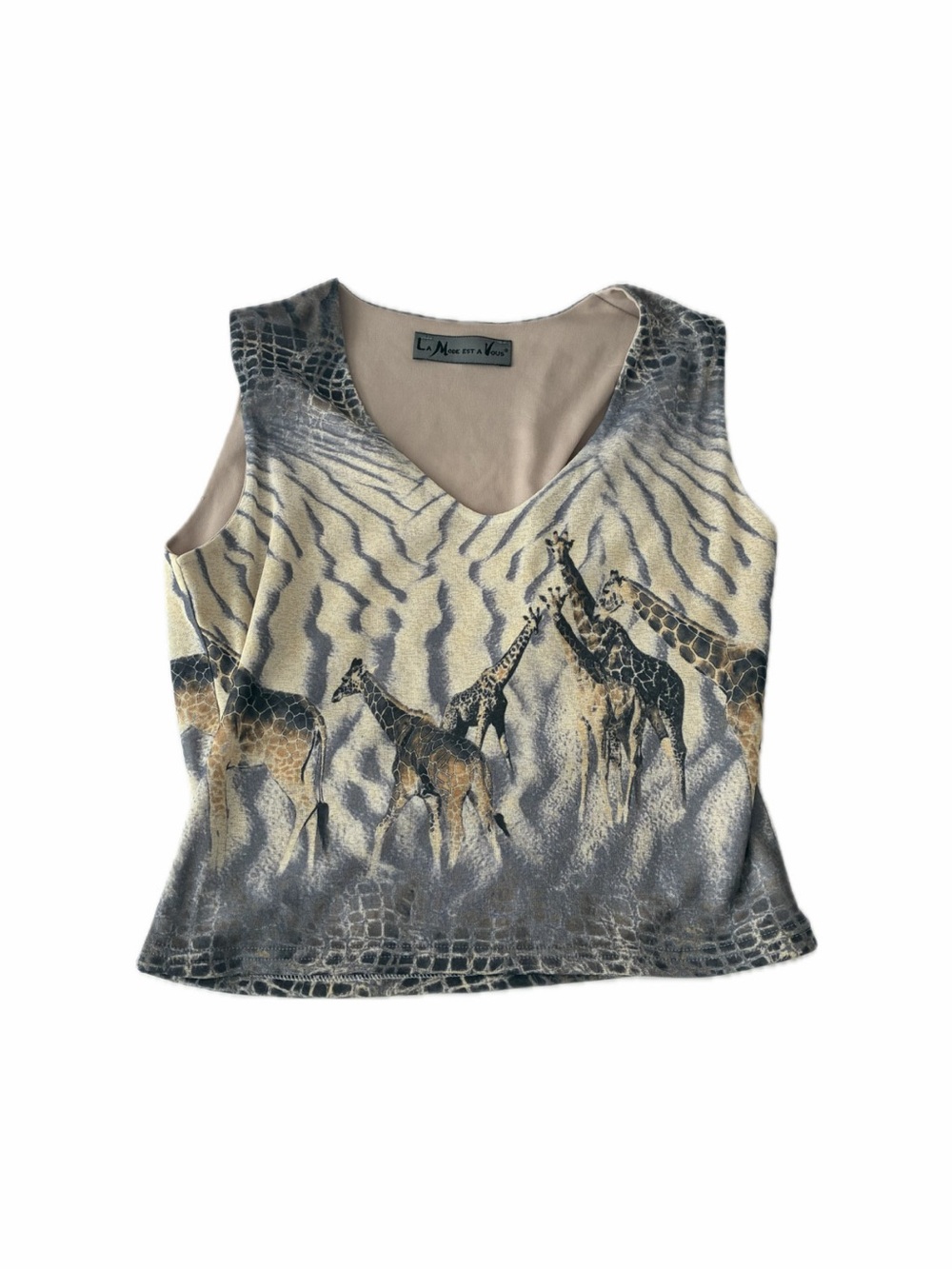 Rare V-Neck Giraffe Print Tank Top in Beige and Gray